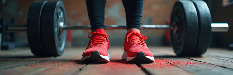 Red sneakers by barbell on gym floor. Athlete prepares for weightlifting workout exercise with weights. Strong body needs healthy training, footwear and motivation for fitness.