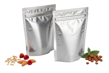 Shiny silver foil stand-up pouch with zipper closure for food or cosmetic packaging mockup. Modern metallic design ideal for coffee, snacks, tea, or beauty products. Isolated on transparent background