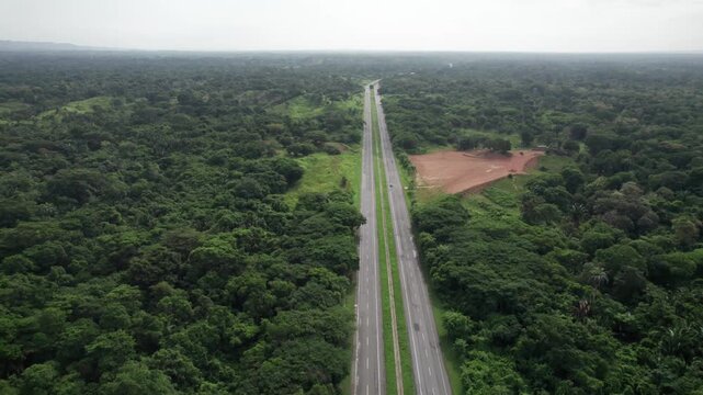 Drone view over lush highway, tranquil mood, Ayacucho to Higuerote