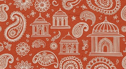 Intricate Asian Temple and Floral Paisley Pattern Evokes Elegant Heritage