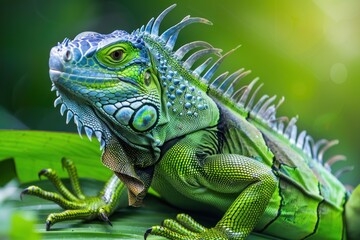 Fototapeta premium Green iguana resting on a large green leaf in the jungle