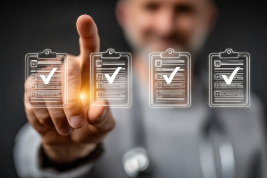 Doctor holds up three transparent digital checklists showing medical accuracy and patient care - Powered by Adobe