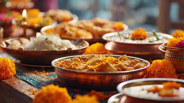 Exquisite Culinary Spread: A vibrant array of Indian cuisine, artfully arranged in copper bowls, adorned with marigold blossoms, celebrating rich flavors and cultural traditions.