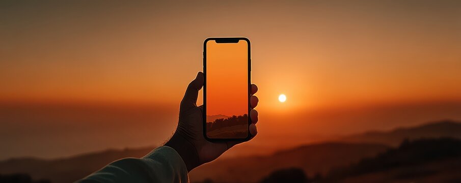 Silhouette of a hand holding a smartphone at sunset on a quiet beach with a glowing horizon