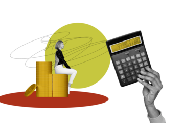 Composite artwork photo collage template sketch of small young lady sit money coins pile huge hand hold calculator count fee economy