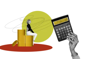 Fototapete Wohnzimmer Composite artwork photo collage template sketch of small young lady sit money coins pile huge hand hold calculator count fee economy  © deagreez