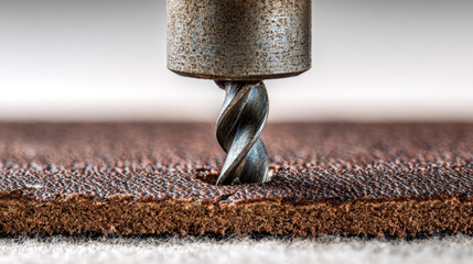 Metal drill bit piercing thick textured brown leather material demonstrating precision craftsmanship and industrial tool impact on rugged surface