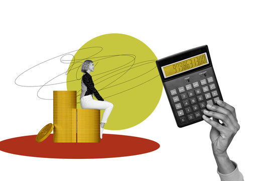 Composite artwork photo collage template sketch of small young lady sit money coins pile huge hand hold calculator count fee economy - Powered by Adobe