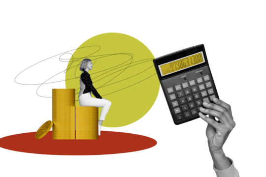 Composite artwork photo collage template sketch of small young lady sit money coins pile huge hand hold calculator count fee economy