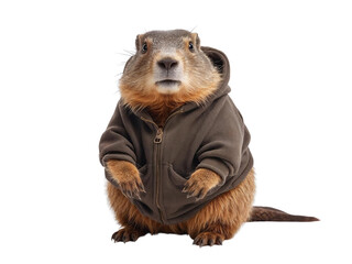 Groundhog in a dark sweater isolated on transparent or white background, png