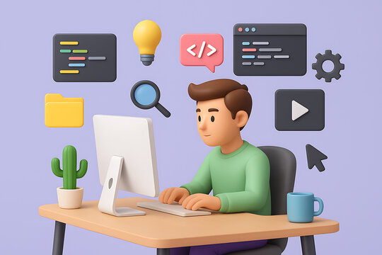 Creative 3D character illustration showing a male software developer sitting at a wooden desk with a computer, lightbulb, and various development icons