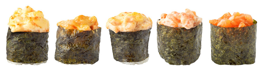 Collection of sushi rolls. Set of gunkan type sushi rolls (nori, tuna, salmon, shrimp, crab, eel fish) isolated on white background