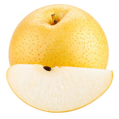 Golden Pear Delight: Close-up studio shot of a perfectly ripe, golden pear and a slice, revealing the juicy interior. This image embodies the freshness of nature and the pleasure of enjoying simple.