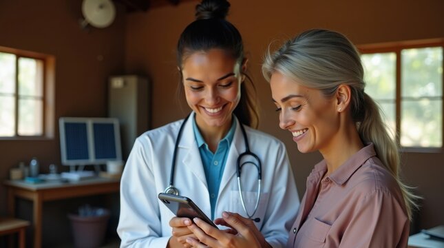 Enfermera ayudando a un paciente con una aplicaci&oacute;n de salud para tel&eacute;fono inteligente en una peque&ntilde;a cl&iacute;nica rural