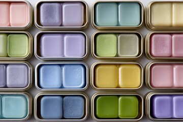 Colorful assortment of pastel wax melts in metal containers