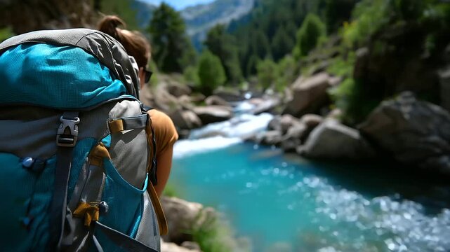 Partial view of backpacker's silhouette with clear focused meandering aquamarine stream in mountain scenery, with copy space