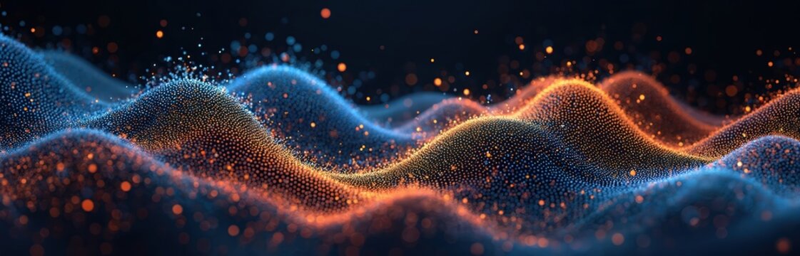 Abstract wave pattern of glowing blue, orange particles. Modern digital art shows data flow energy waves. Futuristic tech background with undulating dots creates energetic motion. Cyber concept,