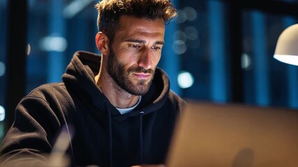 Focused work at night: A man concentrates intensely on a laptop, illuminated by the soft glow of the screen, against the backdrop of a modern interior.