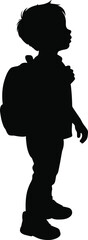 Vector silhouette illustration of child standing with backpack in casual pose for education concept, school routine theme, and childhood design layout