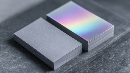 Stack of blank and holographic business cards on gray surface