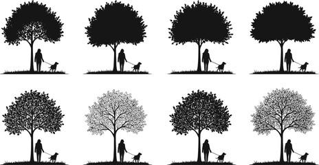 PrintSilhouette of woman walking dog under trees, park nature vector design, outdoor pet activity, relaxing landscape illustration for decoration