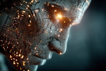 AI Robot Face Close-Up with Glowing Circuits and Digital Code Flow, Metallic Surfaces with Shadowy Background for Futuristic Technology and Artificial Intelligence Integration Concepts