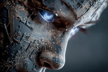 Android Face Close-Up Half Human Half Circuit Board, Glowing Blue Eyes and Metallic Skin Texture on Dark Gray Background, Sci-Fi Robotic Technology Concept for AI and Futuristic Designs
