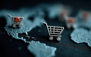 Tiny Shopping Carts on World Map Macro Shot, Global Online Retail Concept with Cart Icons Across Countries, Adventure and Collective Shopping Exploration on Black Background