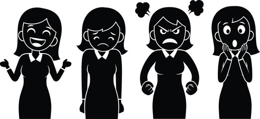 Cartoon female emotion silhouettes, happy sad angry surprised expressions, black vector illustration, expressive body language,  