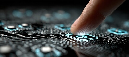 Fingertips Touching Digital Tech, Finger Close-Up on Keyboard/Touchscreen with Holographic Web/Social Icons, Black Circuit Board, Glowing Blue Filaments, Minimalist High-Res