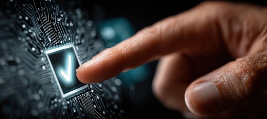 Finger Pointing at Digital Chip with Checkmark, Plum V-Shape and Circuit Pattern Technology Background, Symbolizing Innovation and Service Quality for Business Presentation