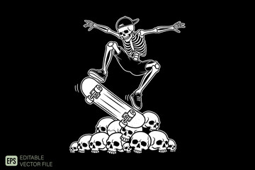 Fototapeta premium Skeleton Skateboarder Performing an Ollie Trick on a Pile of Sku