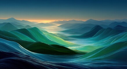 Abstract Green Blue Waves Over Dark Mountains at Dawn, Digital Painting with Soft Lighting and Flowing Colors Creating Impressionistic Effect, Symbolizing Tranquility and Harmony