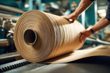 Obraz premium Worker handling a large roll of corrugated cardboard in an industrial packaging production facility with machinery in the background