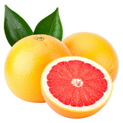 Ruby-Red Citrus Bliss: Vividly colored grapefruits, with one bisected to reveal its juicy interior, rests beside verdant leaves