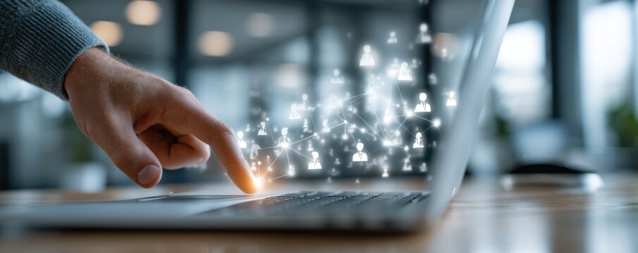 Person using finger to touch screen, connecting to a digital network of icons and contacts