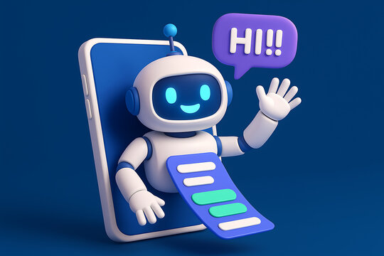 Friendly customer support chatbot character waving hand emerging from a smartphone screen with blue and green chat bubbles, artificial intelligence assistance concept