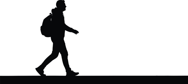 Man Walking Silhouette with Backpack &mdash; Alex Holland Minimal Sunset Style Vector Isolated on White Background