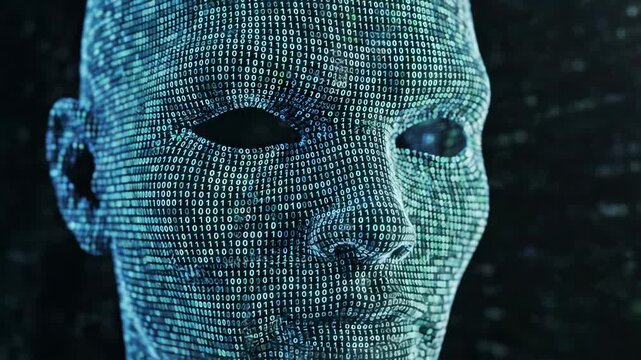 Humanoid artificial intelligence head made of binary code numbers and dark empty eyes, digital fake online identity footage