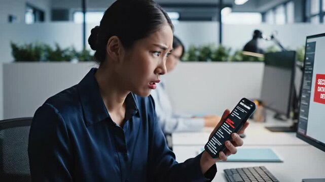 An asian woman in an office notices a data breach security alert on her phone and computer, showing a cyberattack concept footage. Cloud dancer color of year 2026