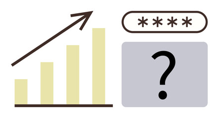 Bar chart with upward arrow shows progress, password field indicates security concept, question mark raises inquiry. Ideal for growth, security, data analysis, technology, strategy, problem-solving