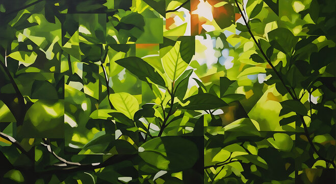 An artistic, digitally manipulated image of sunlit green leaves and branches overlaid with a fragmented, geometric, mosaic or glitch effect, giving a modern, abstract look to nature.
