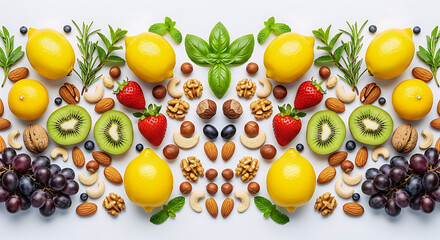 A wide, overhead, and perfectly symmetrical display of fresh, colorful fruits (lemons, kiwi, strawberries, grapes, blueberries), various nuts, and green herbs (basil, mint, rosemary) on a white surfac
