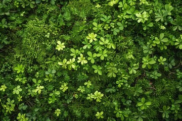 Fototapeta premium Lush green clover leaves thriving on a bed of moss, forming a vibrant natural backdrop