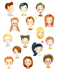 Watercolor kids faces illustrations set. Children emotions hand drawn cliparts isolated on transparent background. Cartoon characters design poster. People nationality cartoon drawing.