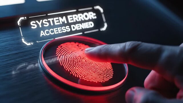 Man finger scanning blue biometric sensor, displaying red system error and access denied message, security concept footage.