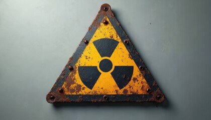 Rusty radiation warning sign shows danger. Yellow, black symbol on weathered metal plate indicates hazardous zone. Old industrial alert bolted to gray wall. Represents nuclear risk, toxic
