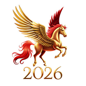 Red and gold horse with wings on trasparente background. 2026 written on eleganse numbers.