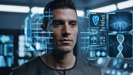 Man undergoing a futuristic biometric scan with face grid and glowing eyes, displaying vital bio data and DNA. Technology footage. - Powered by Adobe