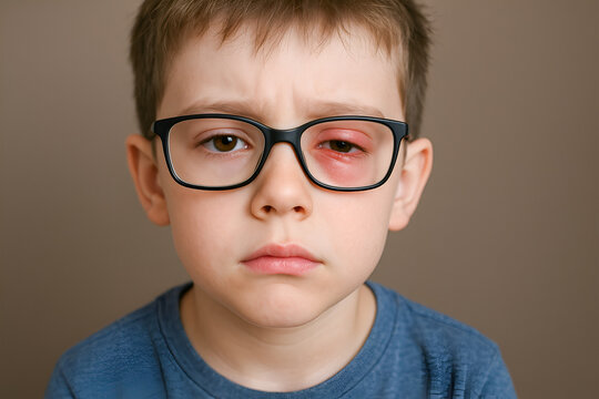 Young boy with glasses showing swollen eye and serious expression